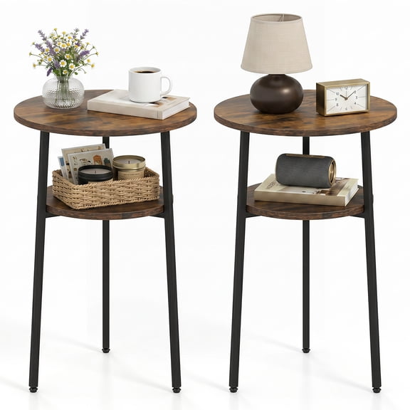 Costway 2 PCS 2-Tier Round Side Table with Storage Shelf Metal Frame for Living Room Bedroom Rustic Brown & Black