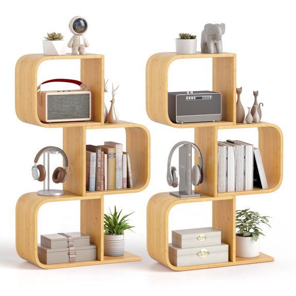 Costway 2 PCS 2-Tier S-Shaped Bookcase with 2 Open Cubes Geometric Corner Display Shelf