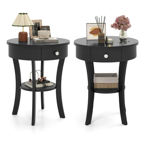 Costway 2 PCS 2-tier Side End Sofa Table Round Nightstand Bedroom Living Room Black