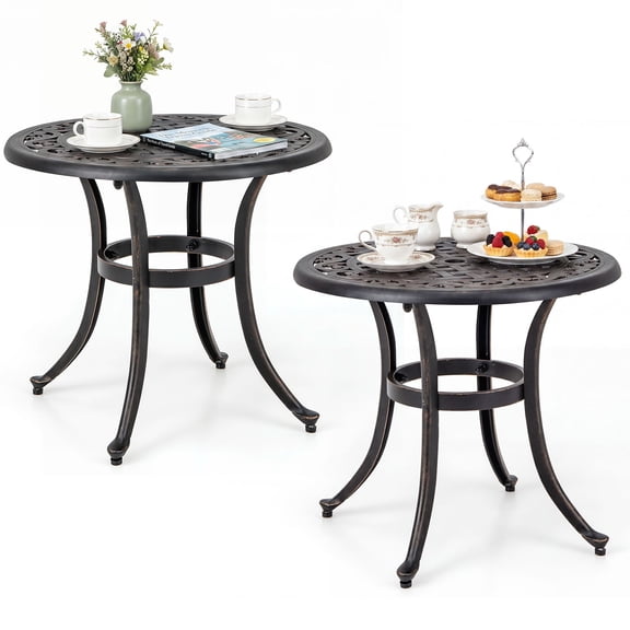 Costway 2 PCS 24" Patio Side Table with Adjustable Footpads Round Cast Aluminum End Table Antique Brown