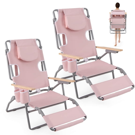 Costway 2 PCS 3-IN-1 Foldable Beach Chair with Face Hole, Footrest, Adjustable Backrest Beige