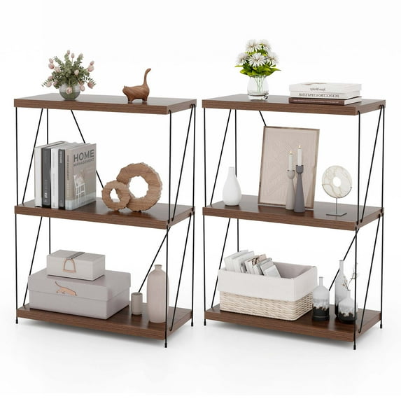 Costway 2 PCS 3-Tier Multipurpose Display Rack Freestanding Bookcase with Metal Frame Walnut