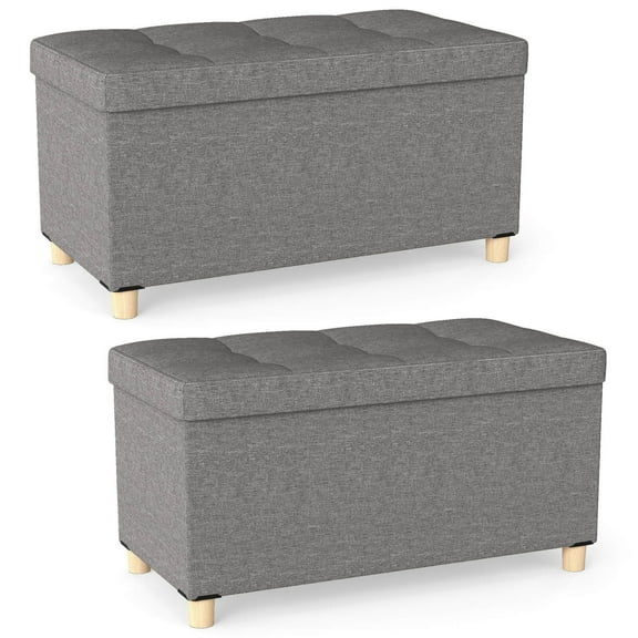 Costway 2 PCS 30” Storage Ottoman Bench with Tray Rubber Wood Legs for Small Space Entryway Gray