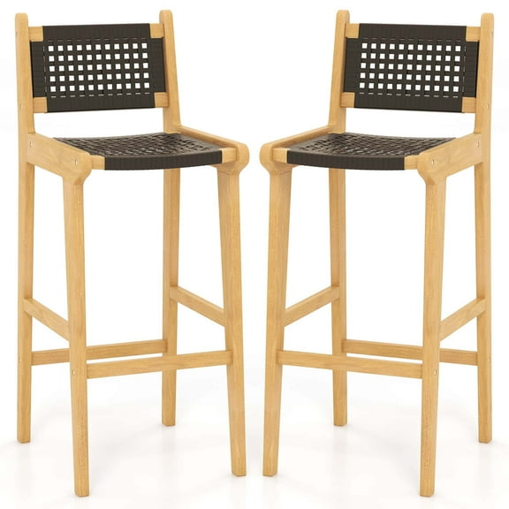 Costway 2 PCS 30" Teak Wood Bar Chair with Backrest & Footrest Bar Height Chair for Deck
