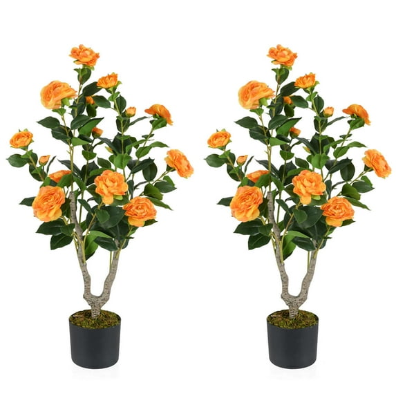 Costway 2 PCS 36" Artificial Camellia Tree Fake Potted Tree Greenery Floral Plant Modern Orange