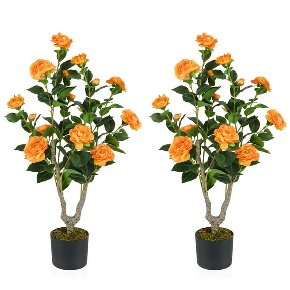 Costway 2 PCS 36" Artificial Camellia Tree Fake Potted Tree Greenery Floral Plant Modern Orange