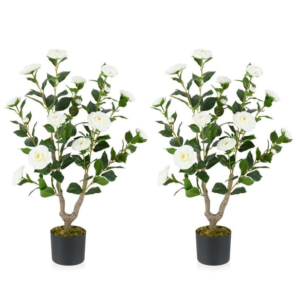 Costway 2 PCS 36" Artificial Camellia Tree Fake Potted Tree Greenery Floral Plant Modern White