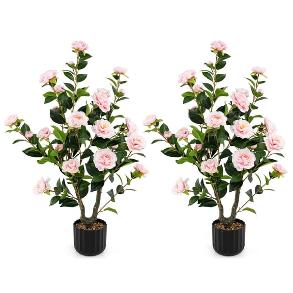 Costway 2 PCS 38" Artificial Camellia Tree Faux Floral Plant Fake Tree for Decoration Pink