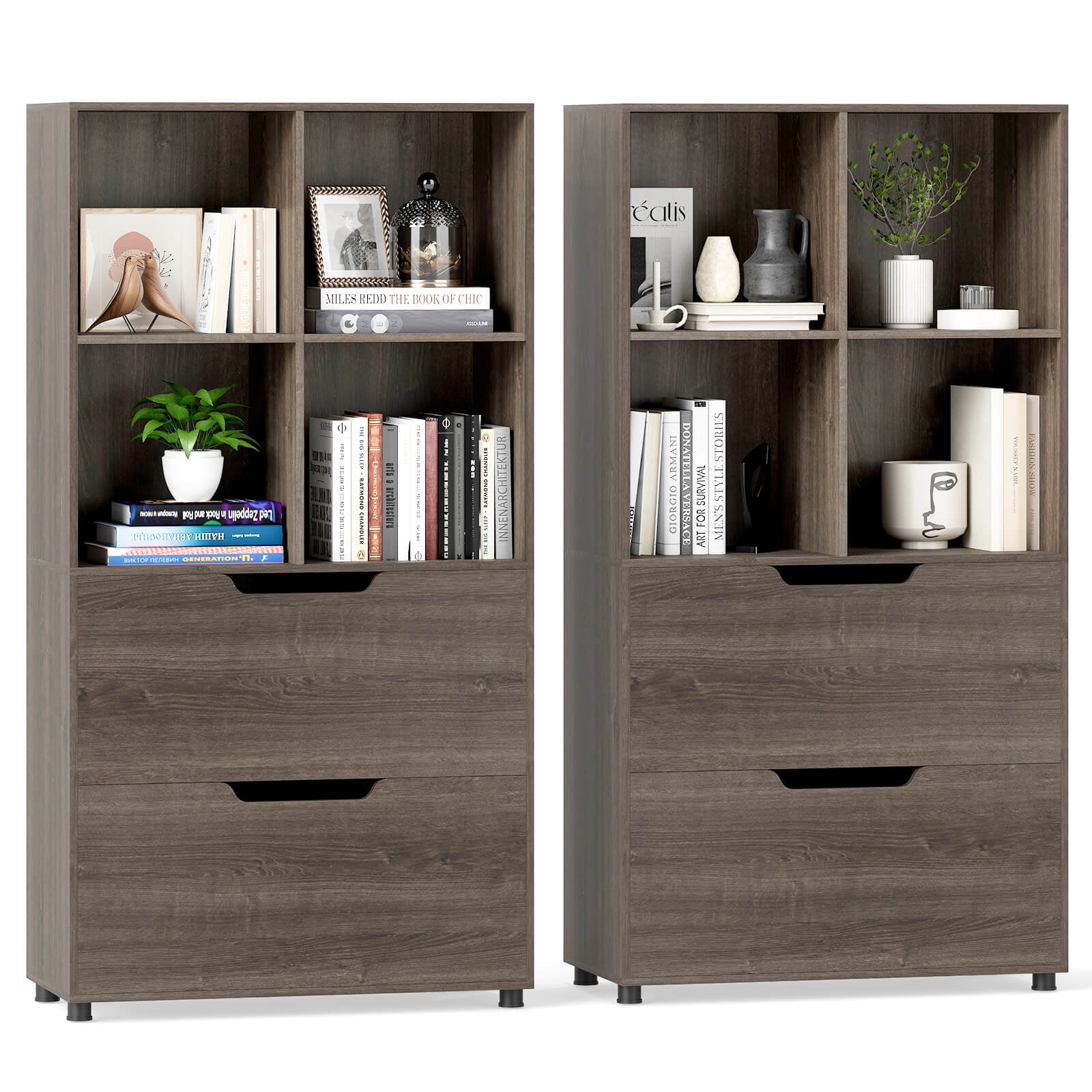 Costway 2 PCS 4-Cube Bookcase with 2 Drawers, Tall Freestanding Bookshelf for Living Room Gray