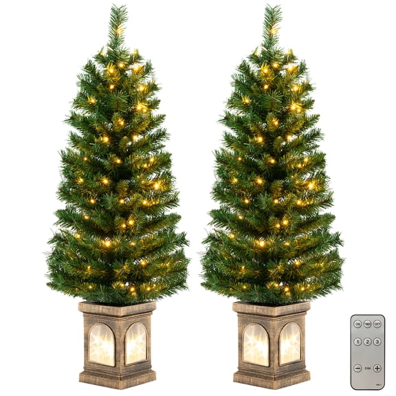 Costway 2 PCS 4 FT Pre-Lit Potted Christmas Tree Artificial Entrance with 3 Lighting Modes