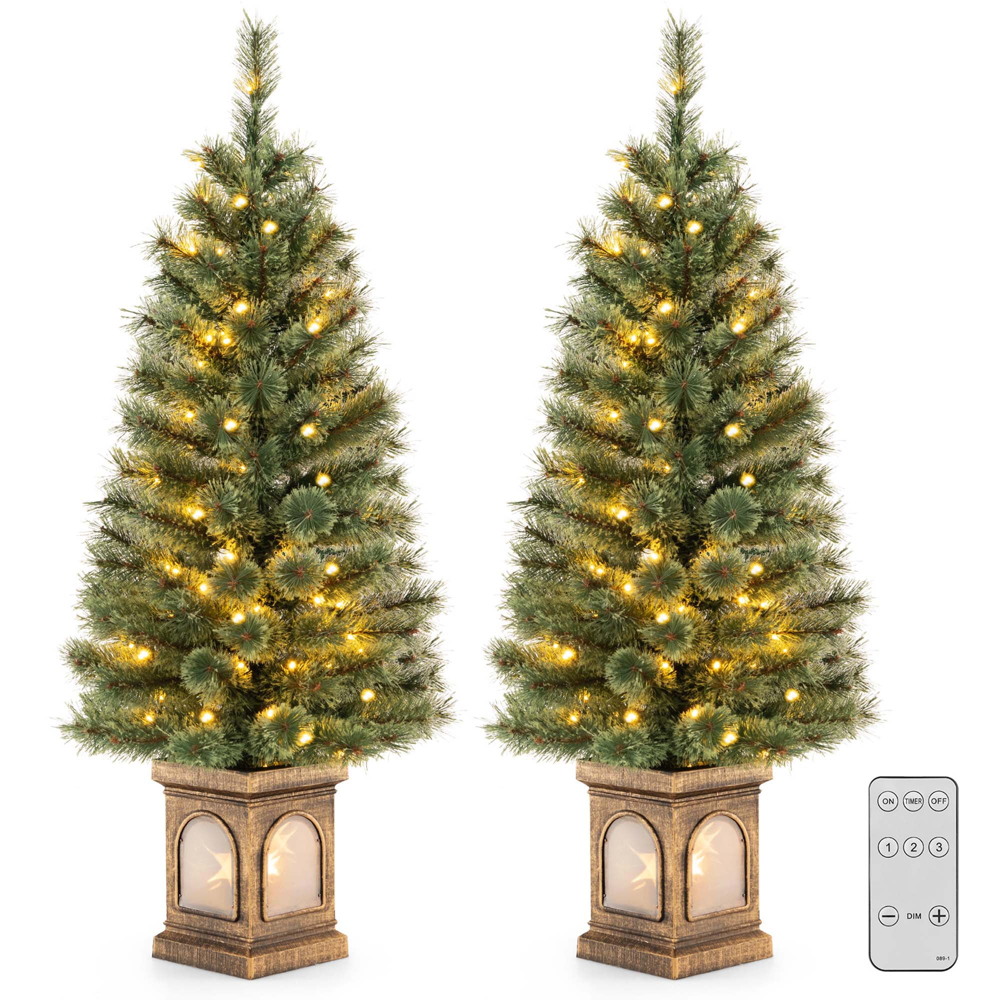 Costway PreLit Xmas Indoor/Outdoor 4 FT Potted Christmas Tree with Pine Needles & Remote