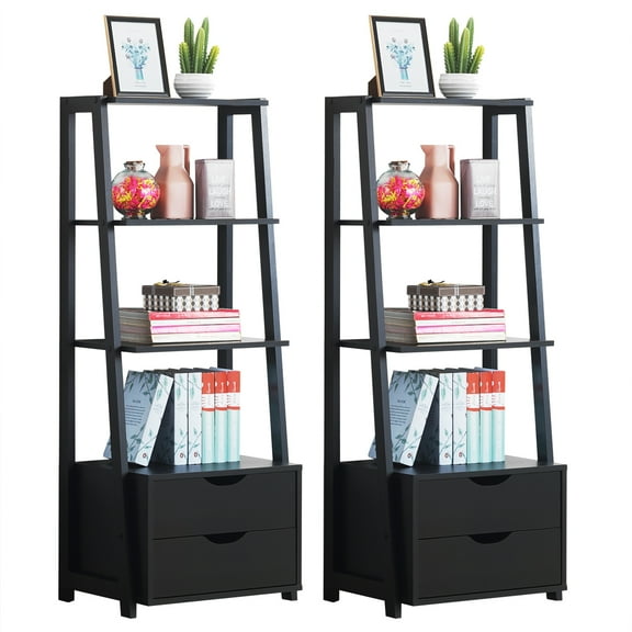 Costway 2 PCS 4 Tier Bookshelf Ladder Rack Modern Wood Storage Display Shelving with Drawers Black
