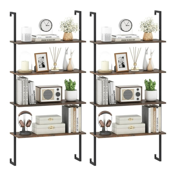 Costway 2 PCS 4-Tier Ladder Shelf Bookshelf Industrial Wall Shelf with Metal FrameRustic Brown
