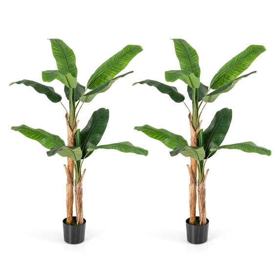 Costway 2 PCS 5.5 FT Tall Artificial Banana Tree with 10 Large Leaves Double Stalks Natural Bark