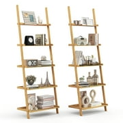 Costway 2 PCS 5-Tier Bamboo Ladder Shelf Wall-Leaning Display Bookcase Storage Rack