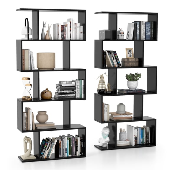 Costway 2 PCS 5-Tier Bookshelf Geometric S-Shaped Bookcase Room Divider Storage Display Black