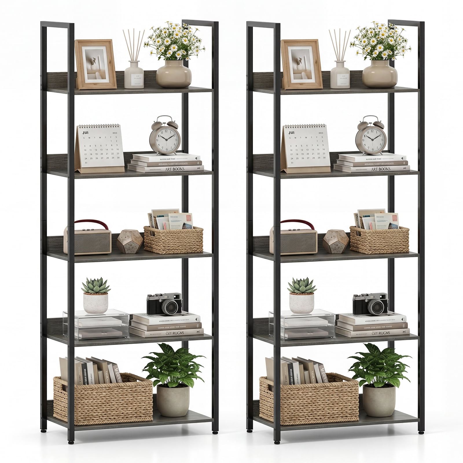Costway 2 PCS 5-Tier Bookshelf, Tall Wooden Open Bookcase with Back ...