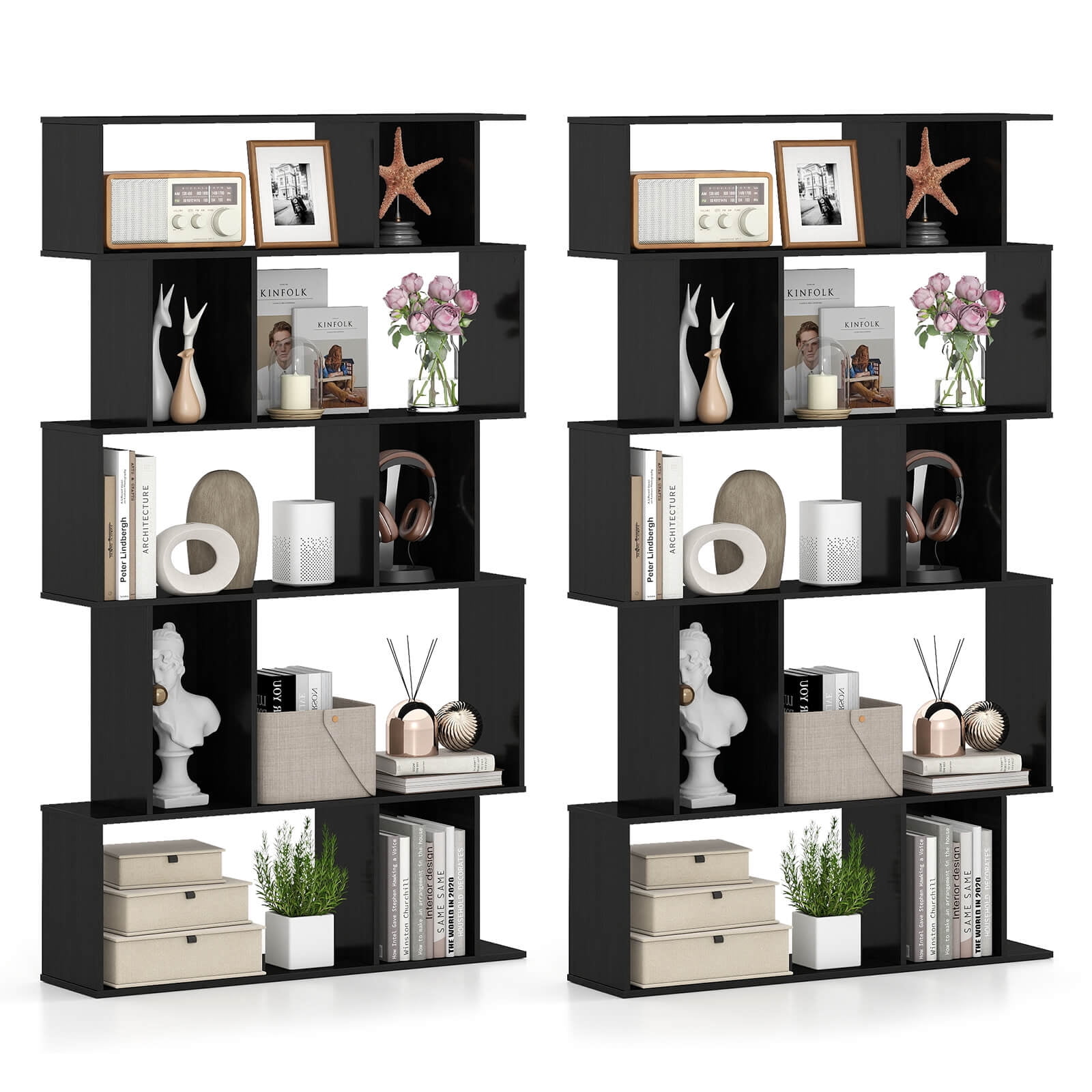 Costway 2 PCS 5-Tier Geometric Bookshelf with Open Shelves Closed-back Cubes for Living Room Black