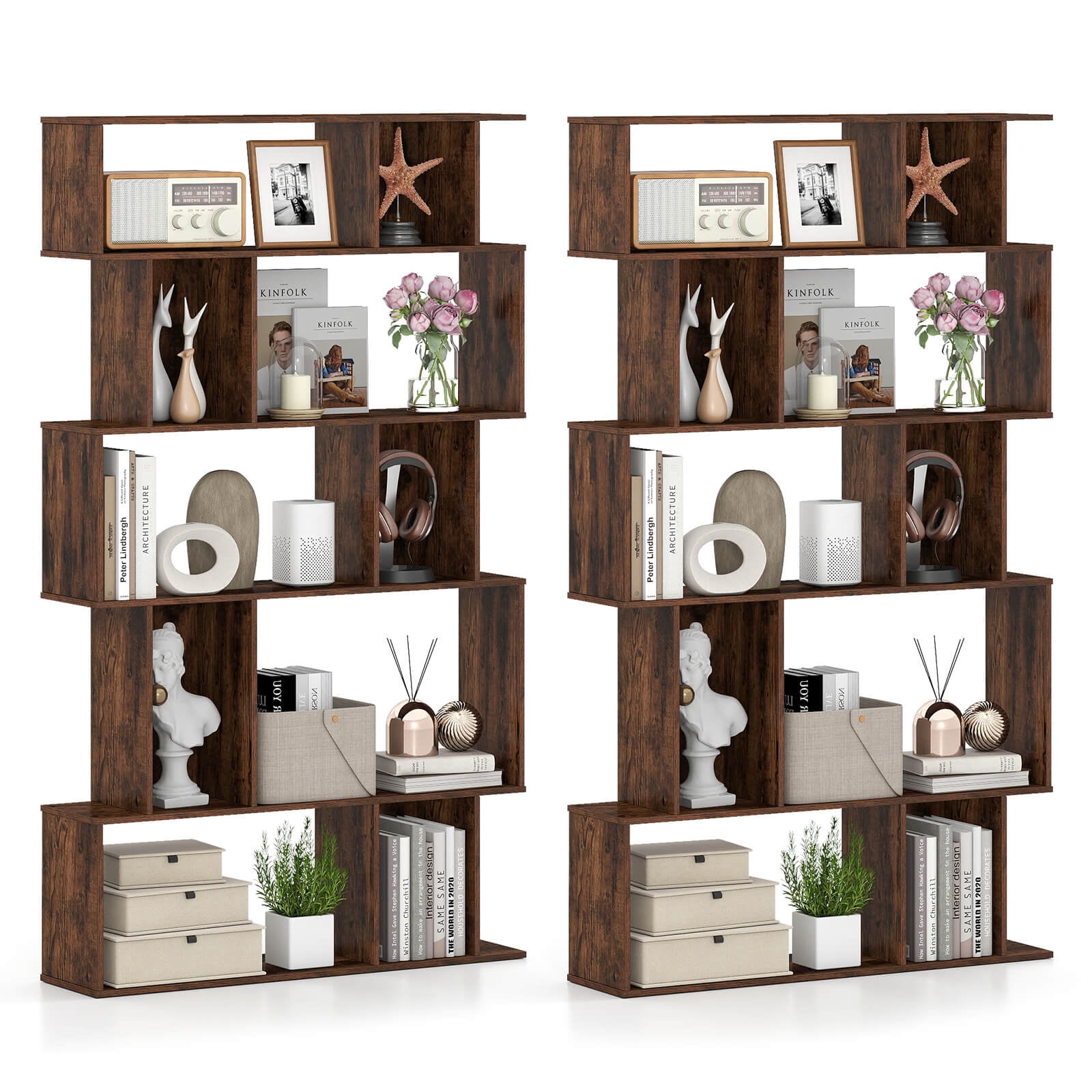 Costway 2 PCS 5-Tier Geometric Bookshelf with Open Shelves Closed-back Cubes for Living Room Rustic Brown