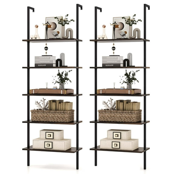 Costway 2 PCS 5 Tier Ladder Shelf 71'' Wall-Mounted Bookshelf Display Storage Organizer Brown