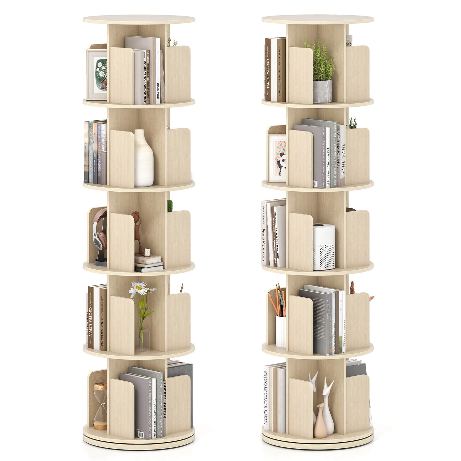 Costway 2 PCS 5-Tier Rotating Bookshelf 360° Display Rack Dividers & Anti-falling Baffles Natural