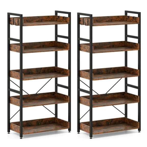 Costway 2 PCS 5-Tier Storage Rack with 4 Hooks Open Display Shelves Metal Frame Display