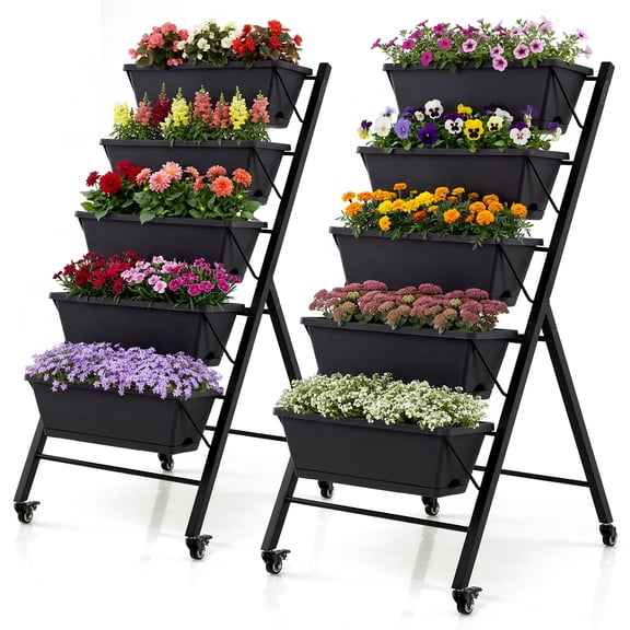 Costway 2 PCS 5-Tier Vertical Raised Garden Bed, Freestanding Garden Planter with Wheels