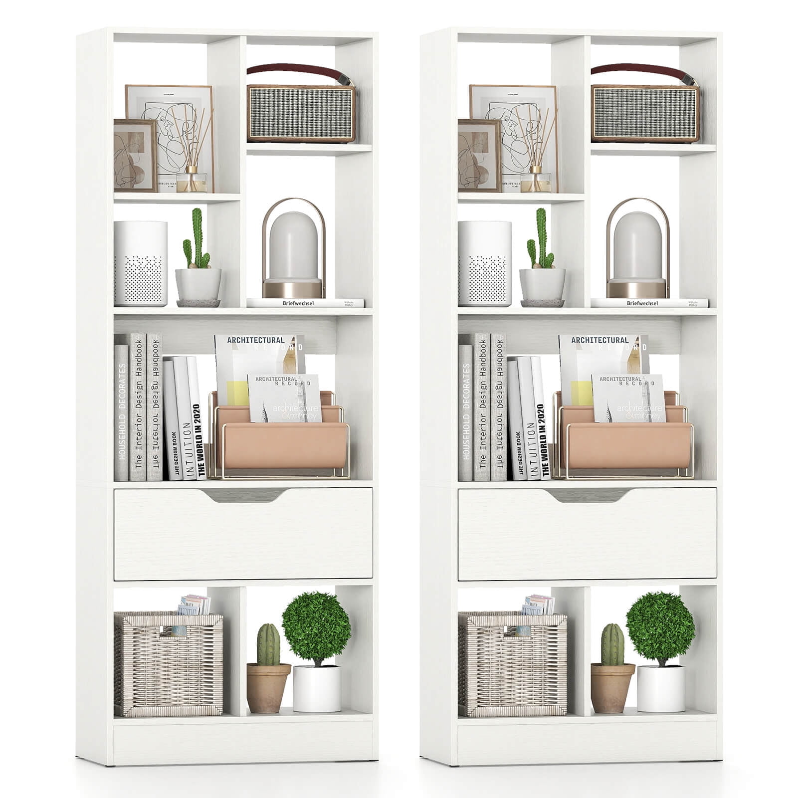 Costway 2 PCS 51” Tall Bookcase with Drawer 7 Open Cubes Anti-toppling Kits for Study Home White
