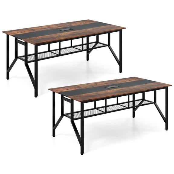 Costway 2 PCS 6 FT Conference Table with Cable Grommet Storage Shelf for Meeting Room Office