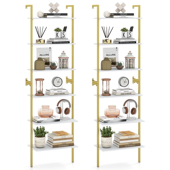 Costway 2 PCS 6-Tier Storage Shelf Heavy Duty Shelving Unit Freestanding ladder bookshelf White + Gold