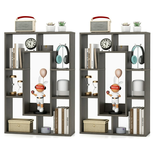 Costway 2 PCS 7-Cube Geometric Bookshelf with Anti-Toppling Device Modern Open Bookcase Grey