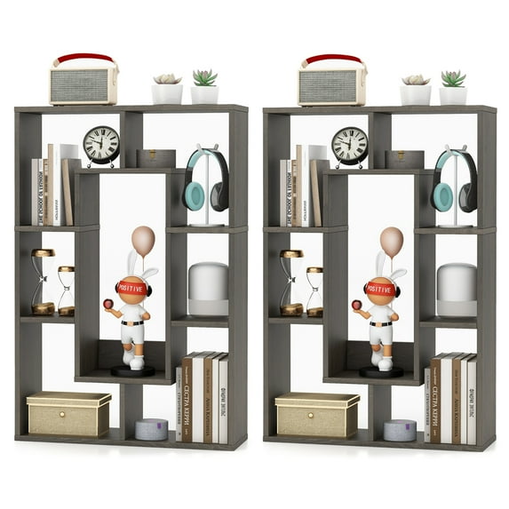 Costway 2 PCS 7-Cube Geometric Bookshelf with Anti-Toppling Device Modern Open Bookcase Grey