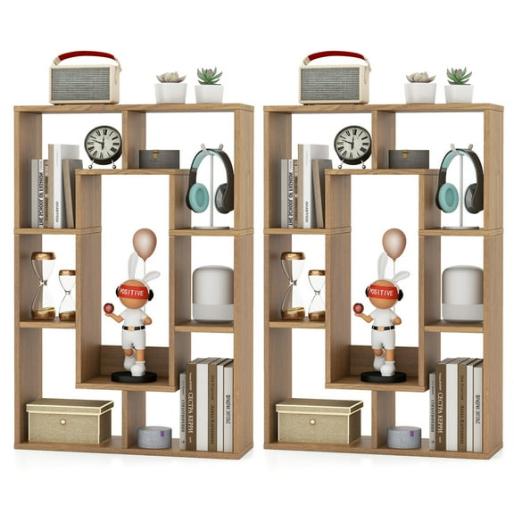 Costway 2 PCS 7-Cube Geometric Bookshelf with Anti-Toppling Device Modern Open Bookcase Natural