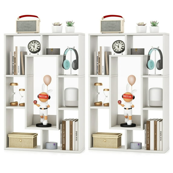 Costway 2 PCS 7-Cube Geometric Bookshelf with Anti-Toppling Device Modern Open Bookcase White
