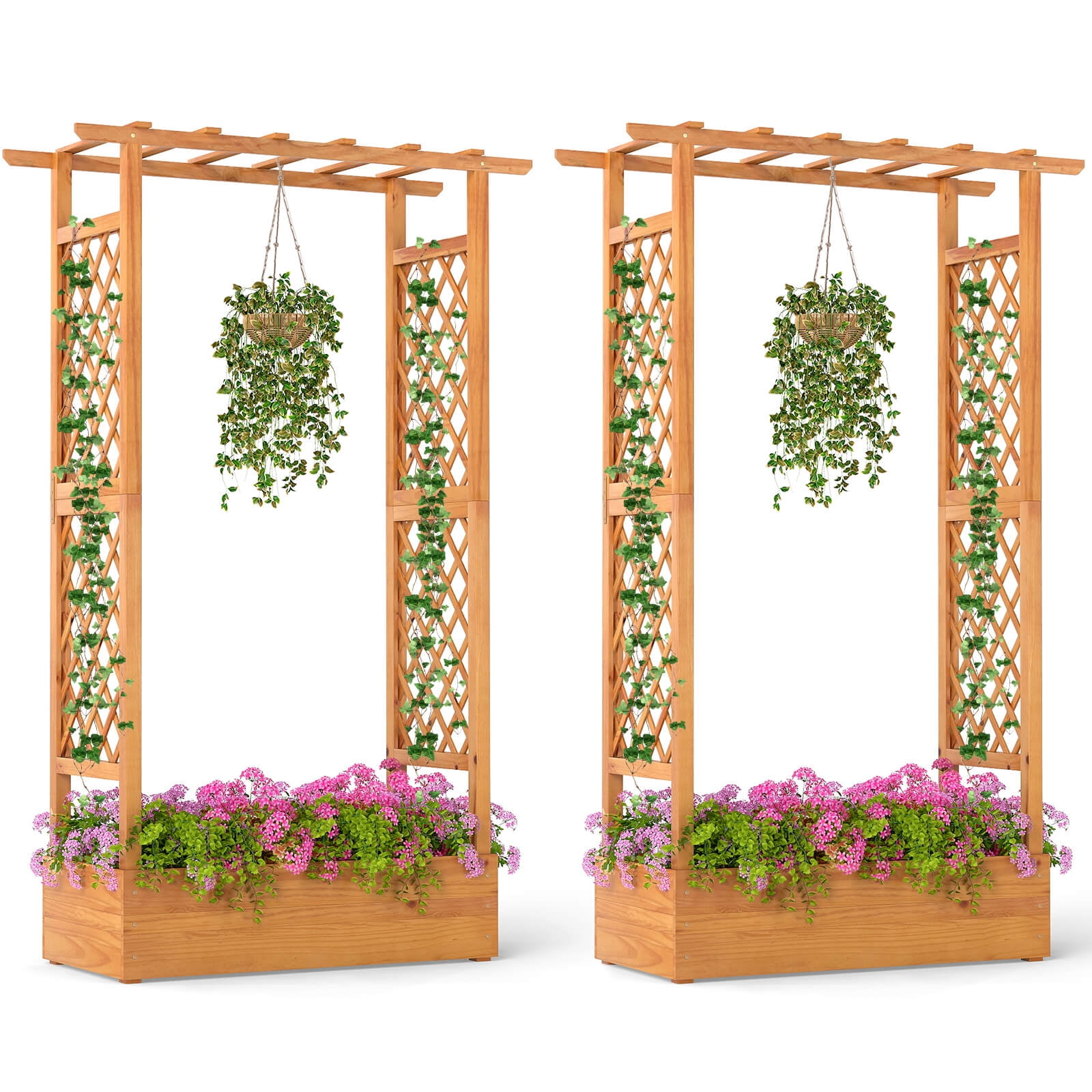 Costway 2 PCS 70” Wooden Raised Garden Bed with Lattice Trellis Hanging Roof Open-Ended Base
