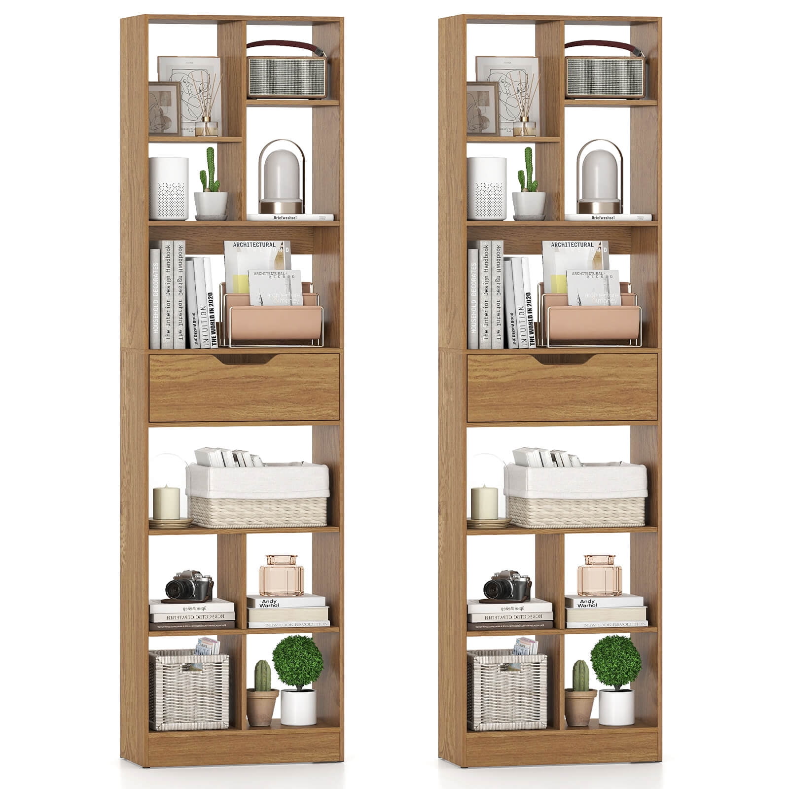 Costway 2 PCS 71” Bookcase with Drawer 10 Open Cubes Anti-toppling Kits for Living Room Natural