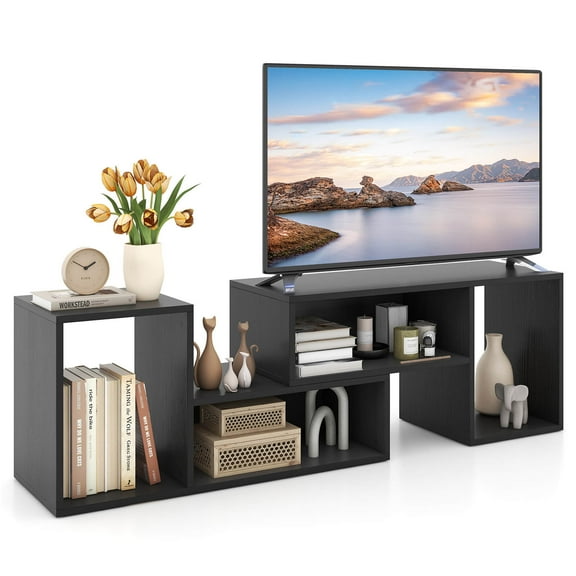 Costway 2 PCS Adjustable TV Stands with Storage Cubes for TVs up to 55 Inches Cabinets Black