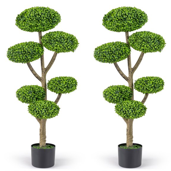 Costway 2 PCS Artificial Sesame Leaf Topiary, 6 Balls Topiary Tree with Realistic Trunk Base