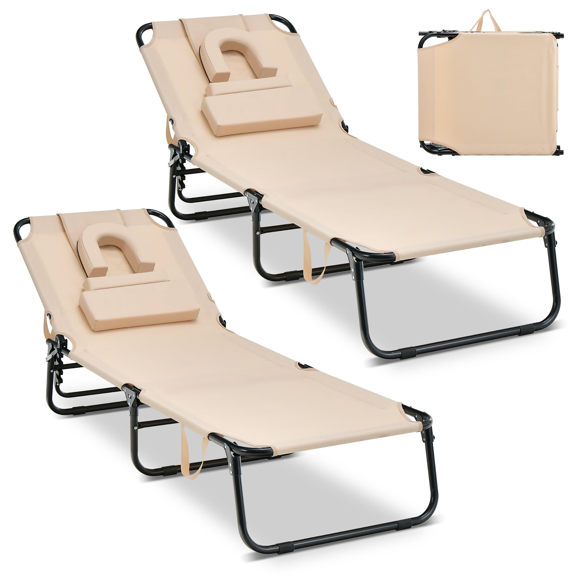 Costway 2 PCS Beach Chaise Lounge Chair with Face Hole Pillows & Adjustable Backrest Beige - image 1 of 10