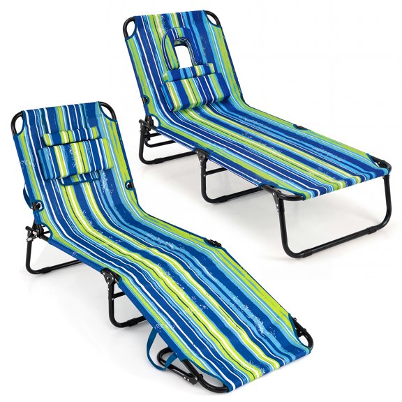 Costway 2 PCS Beach Chaise Lounge Chair with Face Hole Pillows & Adjustable Backrest Blue & Green