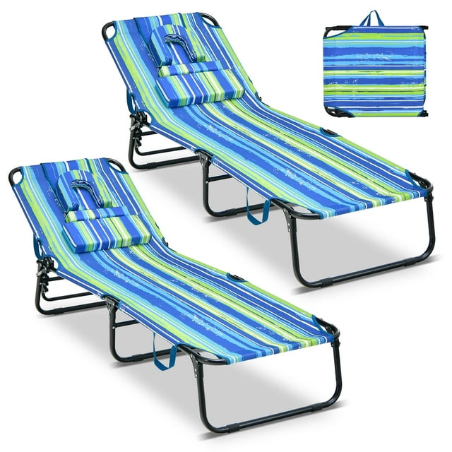 Costway 2 PCS Beach Chaise Lounge Chair with Face Hole Pillows & Adjustable Backrest Blue & Green