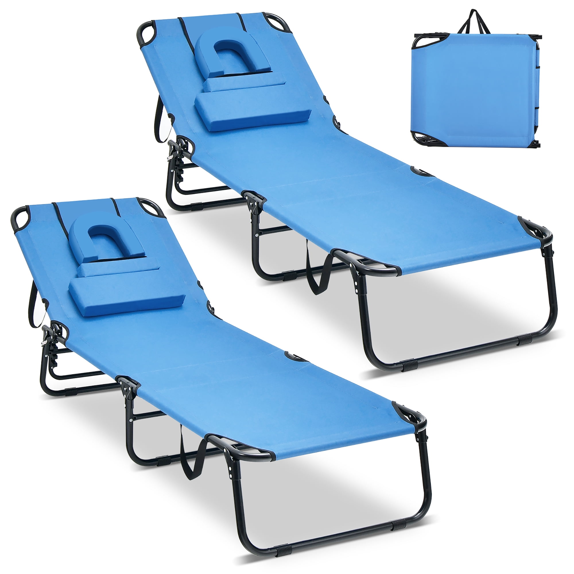 Costway 2 PCS Beach Chaise Lounge Chair with Face Hole Pillows & Adjustable Backrest Blue - image 1 of 10