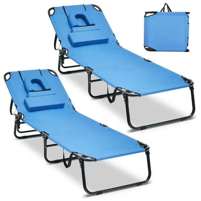 Costway 2 PCS Beach Chaise Lounge Chair with Face Hole Pillows & Adjustable Backrest Blue