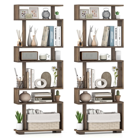 Costway 2 PCS Bookcase 6-Tier Bookshelf with Anti-Tipping Kit Freestanding Display Shelf Brown