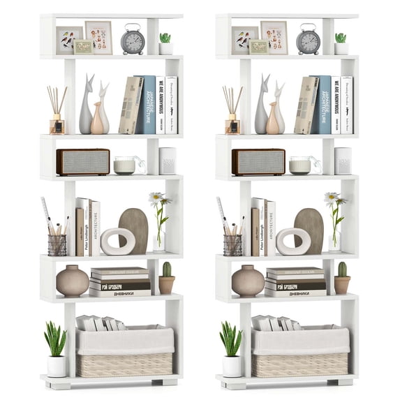 Costway 2 PCS Bookcase 6-Tier Bookshelf with Anti-Tipping Kit Freestanding Display Shelf White