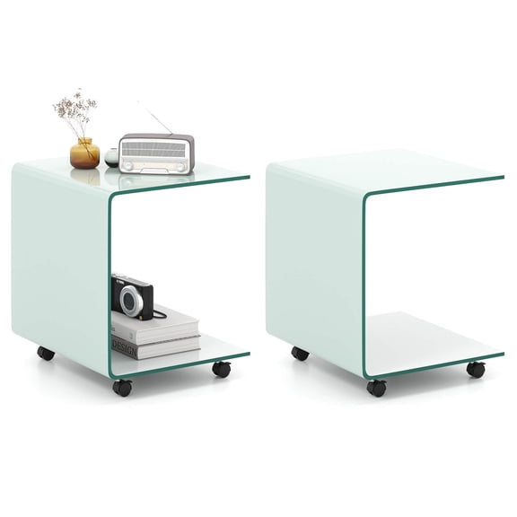 Costway 2 PCS C-Shaped End Table with 2-tier shelf, 4 Swivel Lockable Wheels for Living Room White