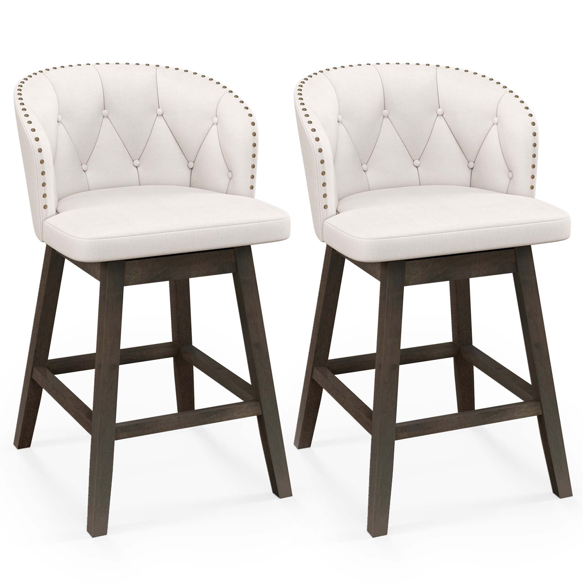 Beige Upholstered Swivel Counter Height Bar Stools with Wood and Metal Frame