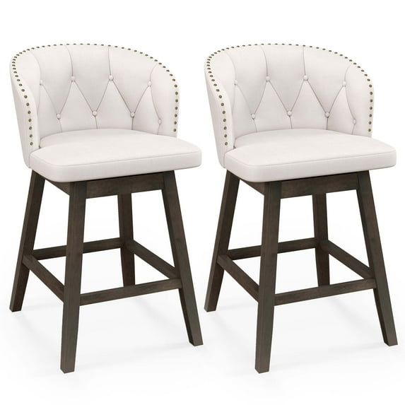 Costway 2 PCS Counter Height Bar Stools Fabric Upholstered Island Stools with 360° Swivel Seat Beige