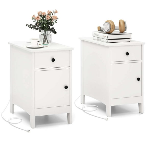 Costway 2 PCS End Table with Charging Station Flip Top Bedside Table with USB Ports & Outlets White
