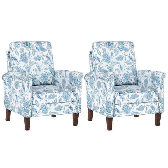 Costway 2 PCS Floral Accent Chair with Solid Wood Legs & High Back Thick Comfy Cushions Blue